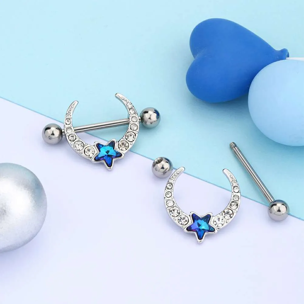 14G Blue Star CZ Gems Nipple Rings 2PCS Set