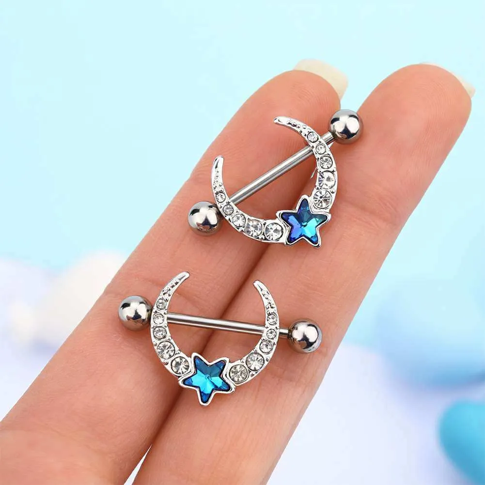 14G Blue Star CZ Gems Nipple Rings 2PCS Set