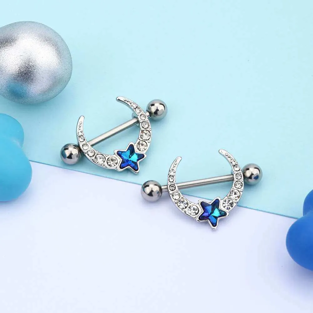 14G Blue Star CZ Gems Nipple Rings 2PCS Set