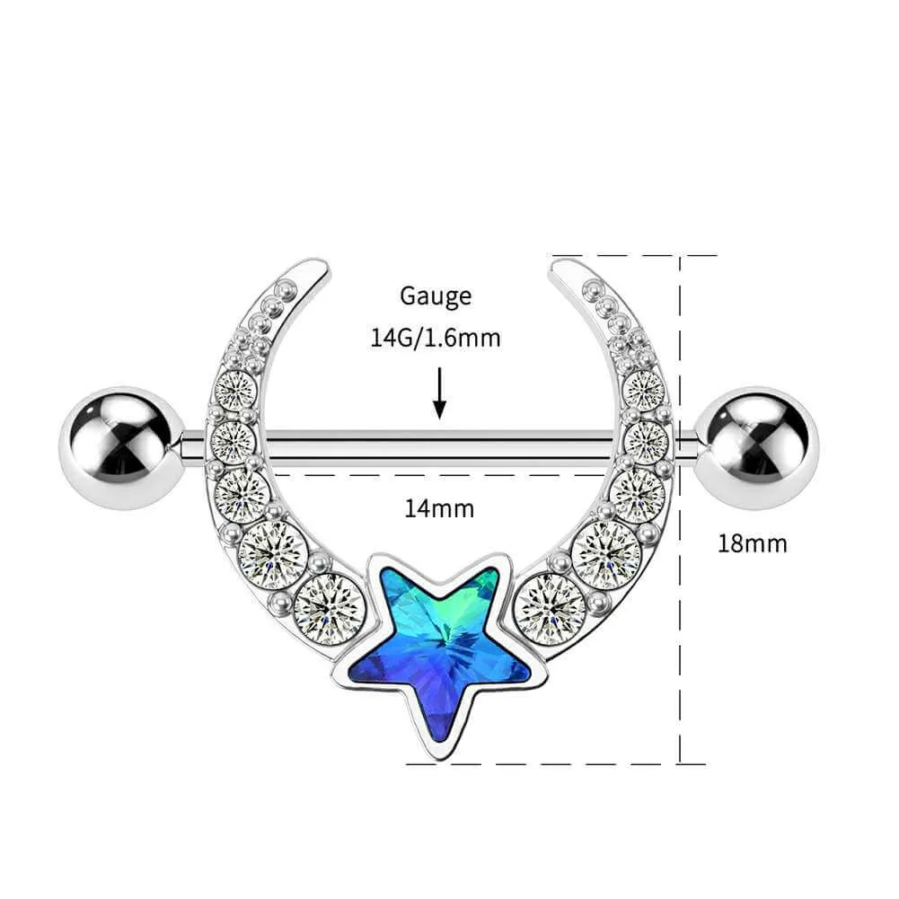 14G Blue Star CZ Gems Nipple Rings 2PCS Set