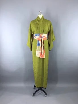 1950s Vintage Silk Kimono Robe in Olive Army Green