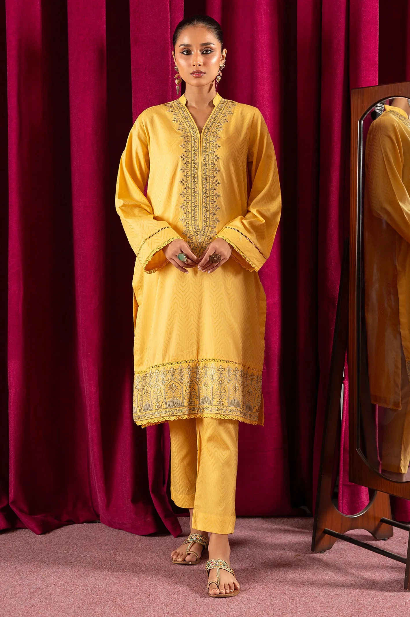 2PC Yellow Embroidered