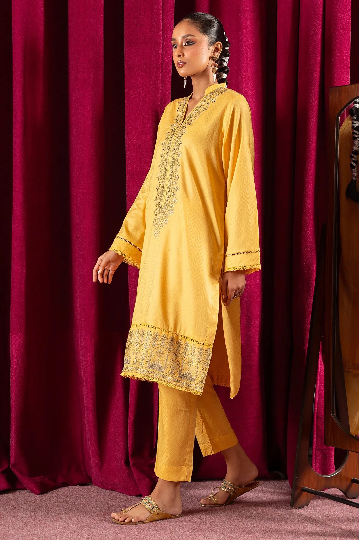 2PC Yellow Embroidered