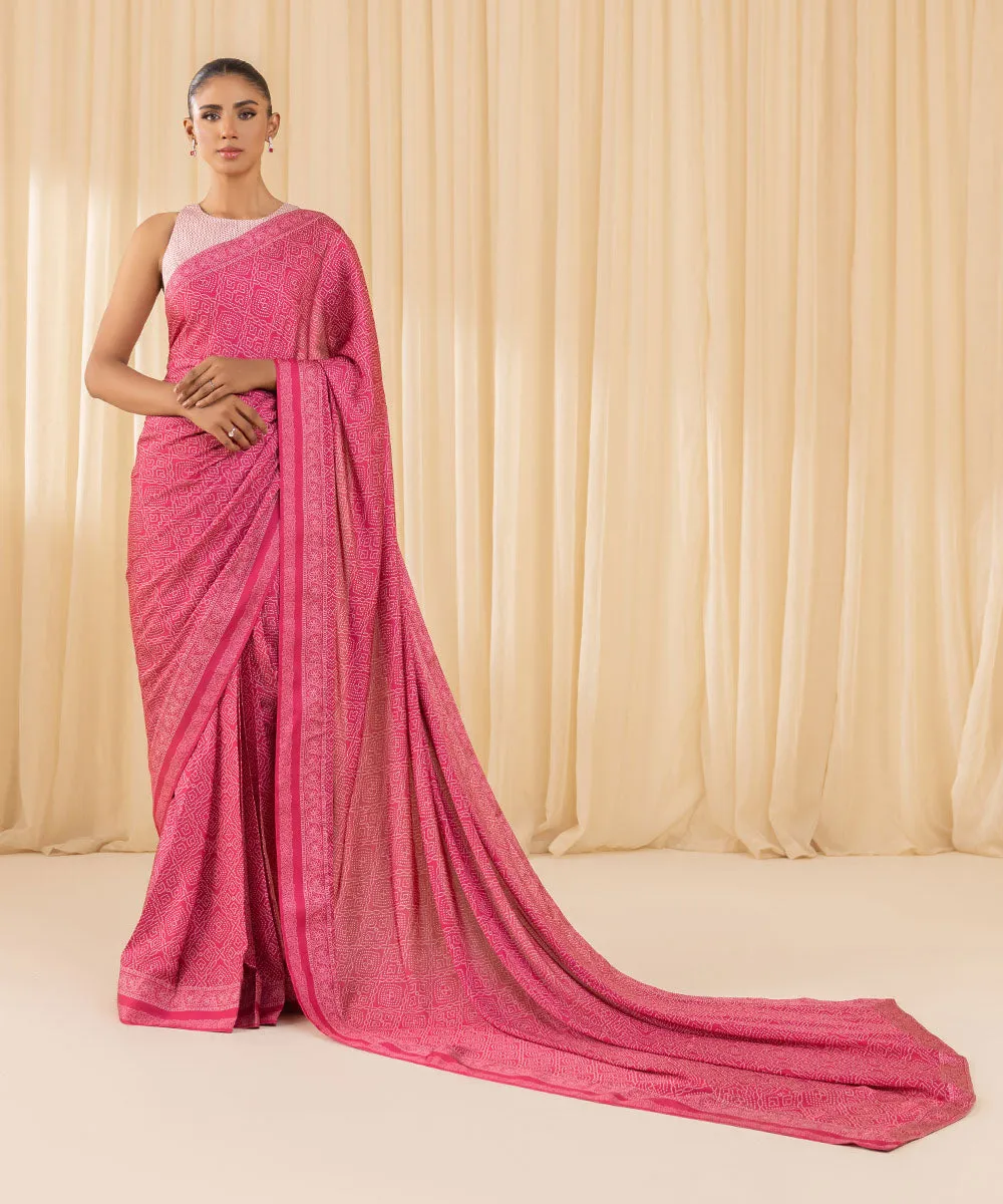 3 Piece -  Printed Satin Saree