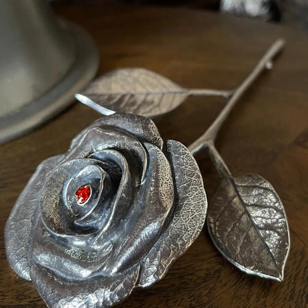 40th Ruby Wedding Anniversary Everlasting Forever Pewter Rose With Swarovski Heart Crystal Keepsake Gift