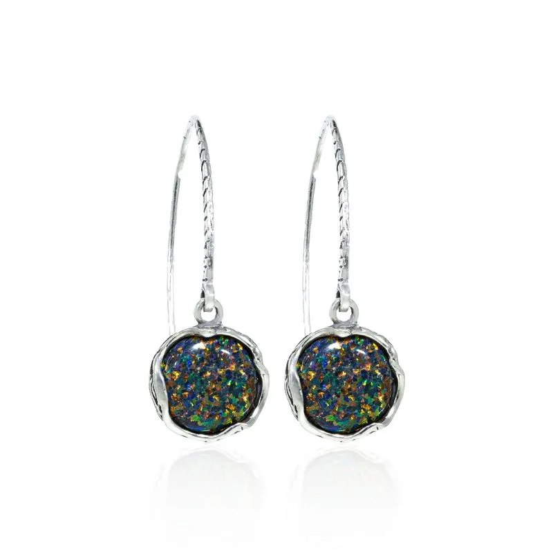 925 Sterling Silver 12mm Black Opal Long Drop Earrings