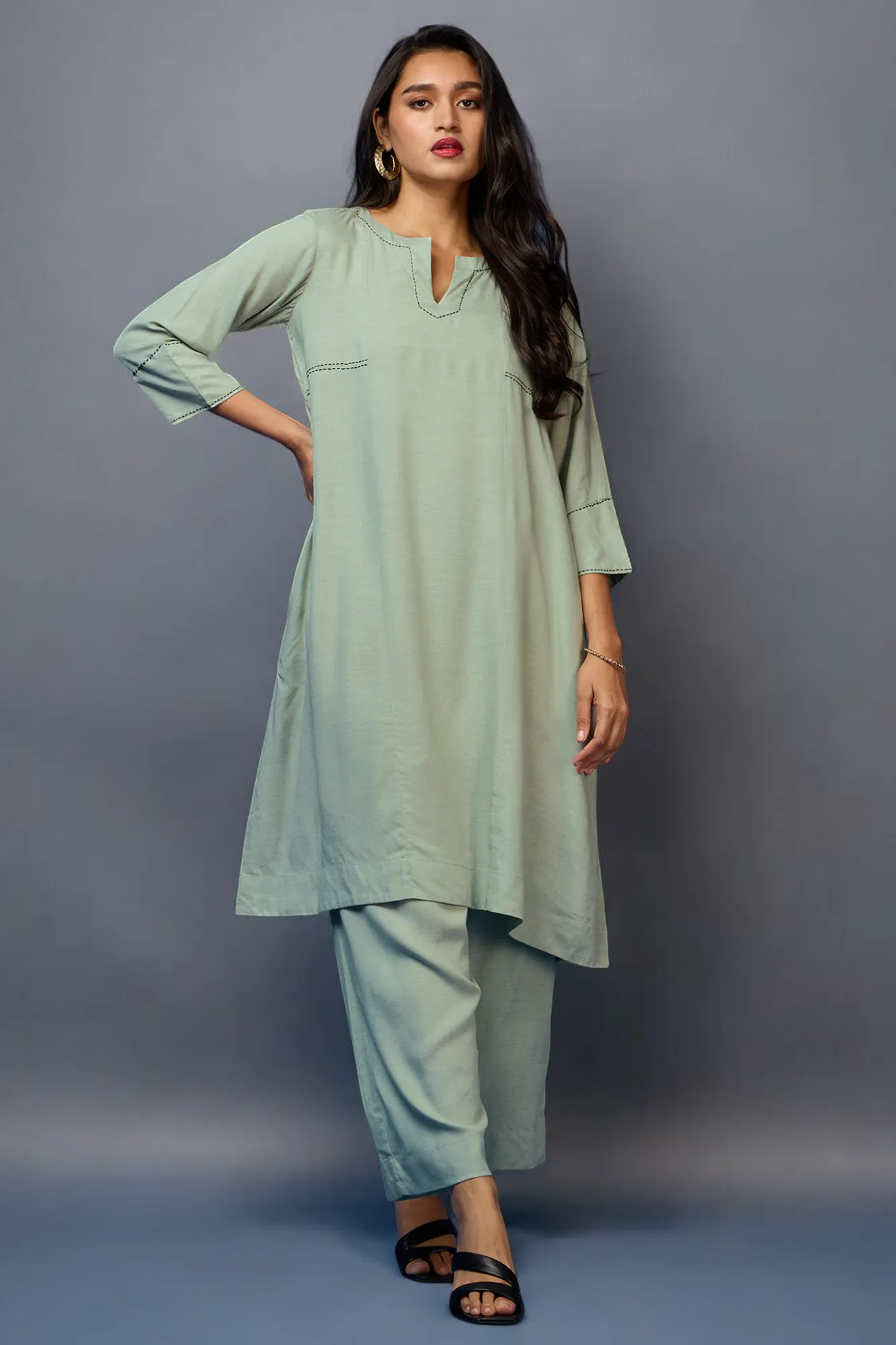 a-line kurta co-ord set - Pistachio Bliss & Sage Whisper