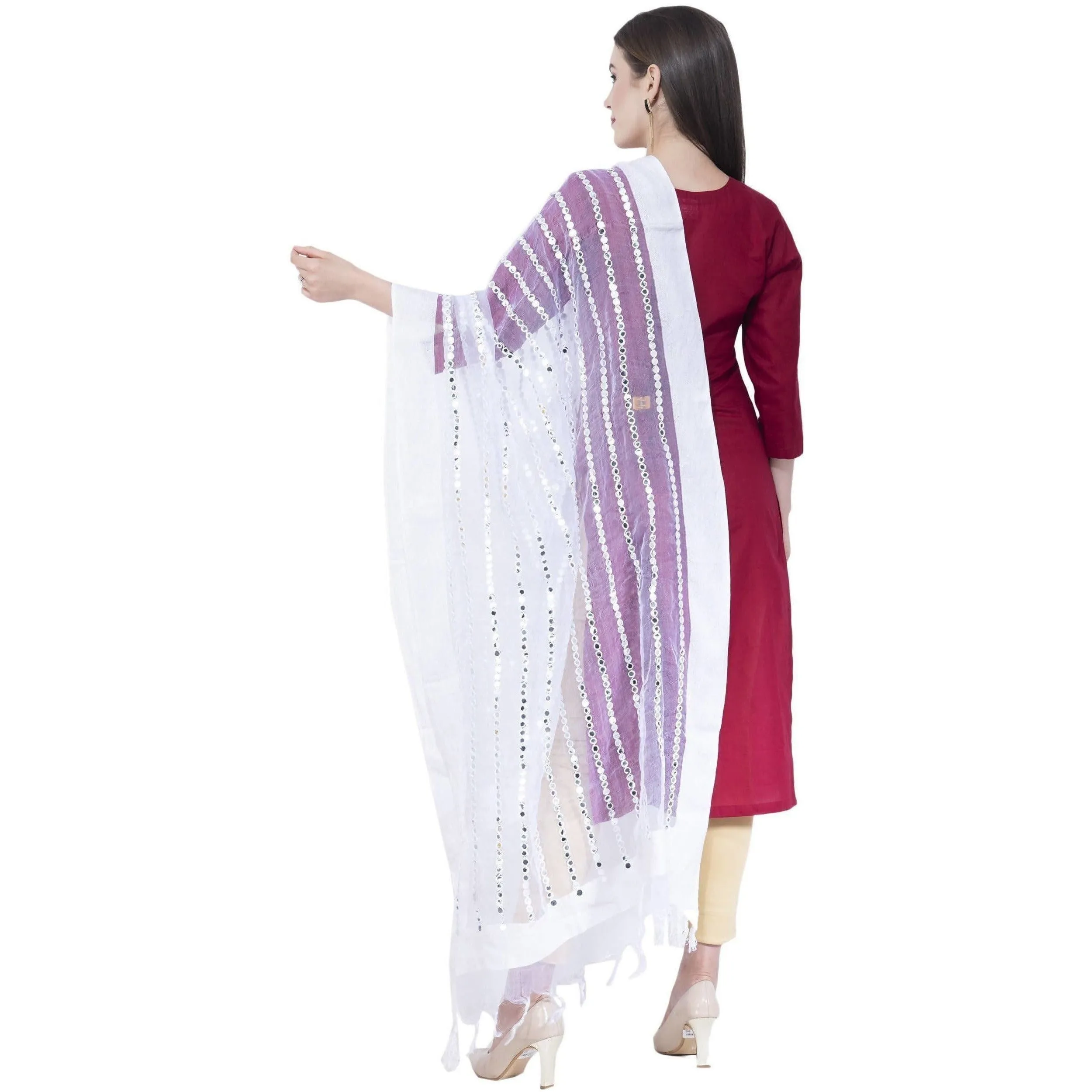 A R Silk Women's Mirror Work Orgenza Cotton White Dupattas and Chunnis