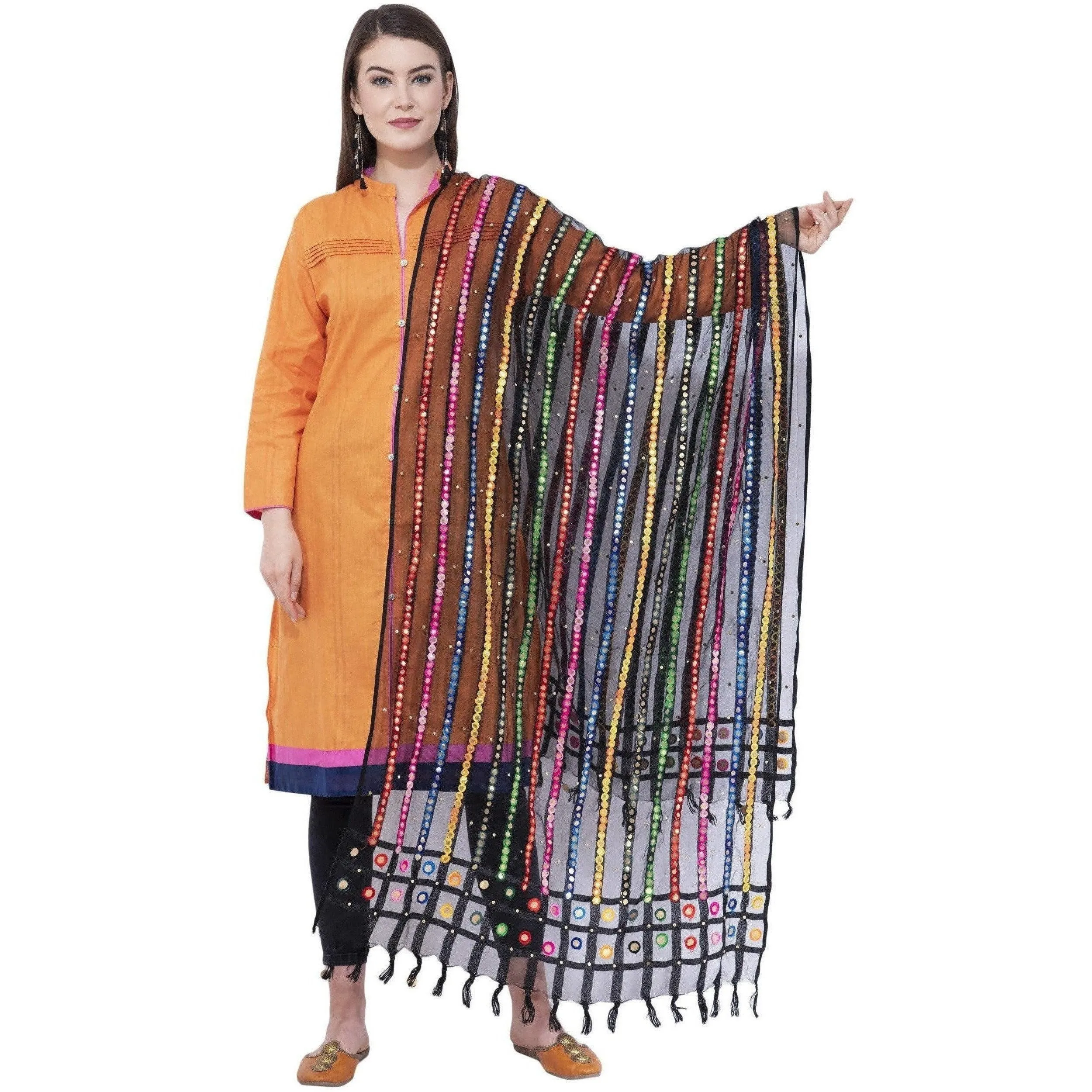 A R Silk Women's Multi Thread Work Orgenza Cotton Black Dupattas and Chunnis