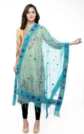 A R Silk Women's Orgenza Cotton Thread Work Rama Green Fancy Dupatta