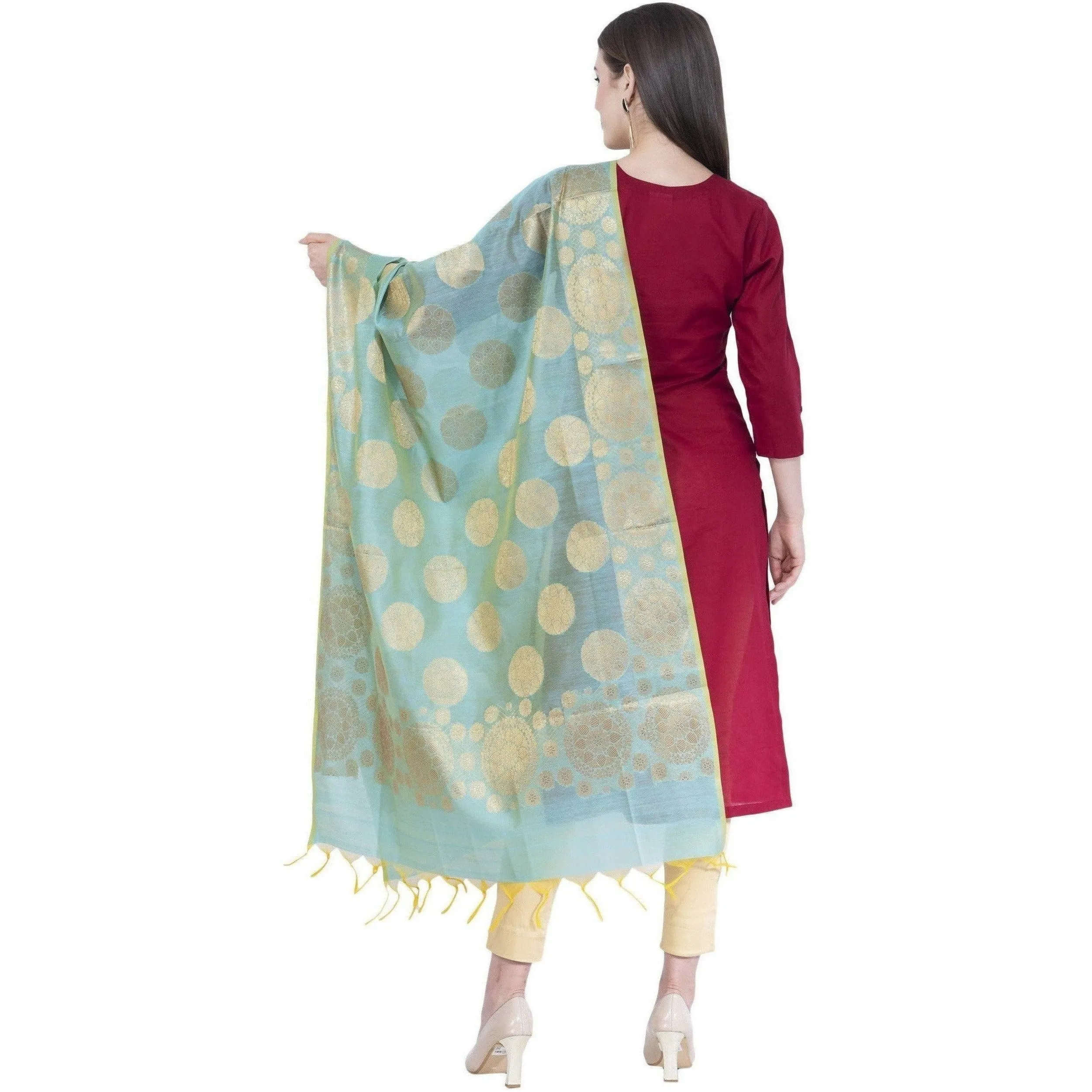 A R Silk Women's Zari Embroidery Chanderi Cotton Firozi Dupattas and Chunnis