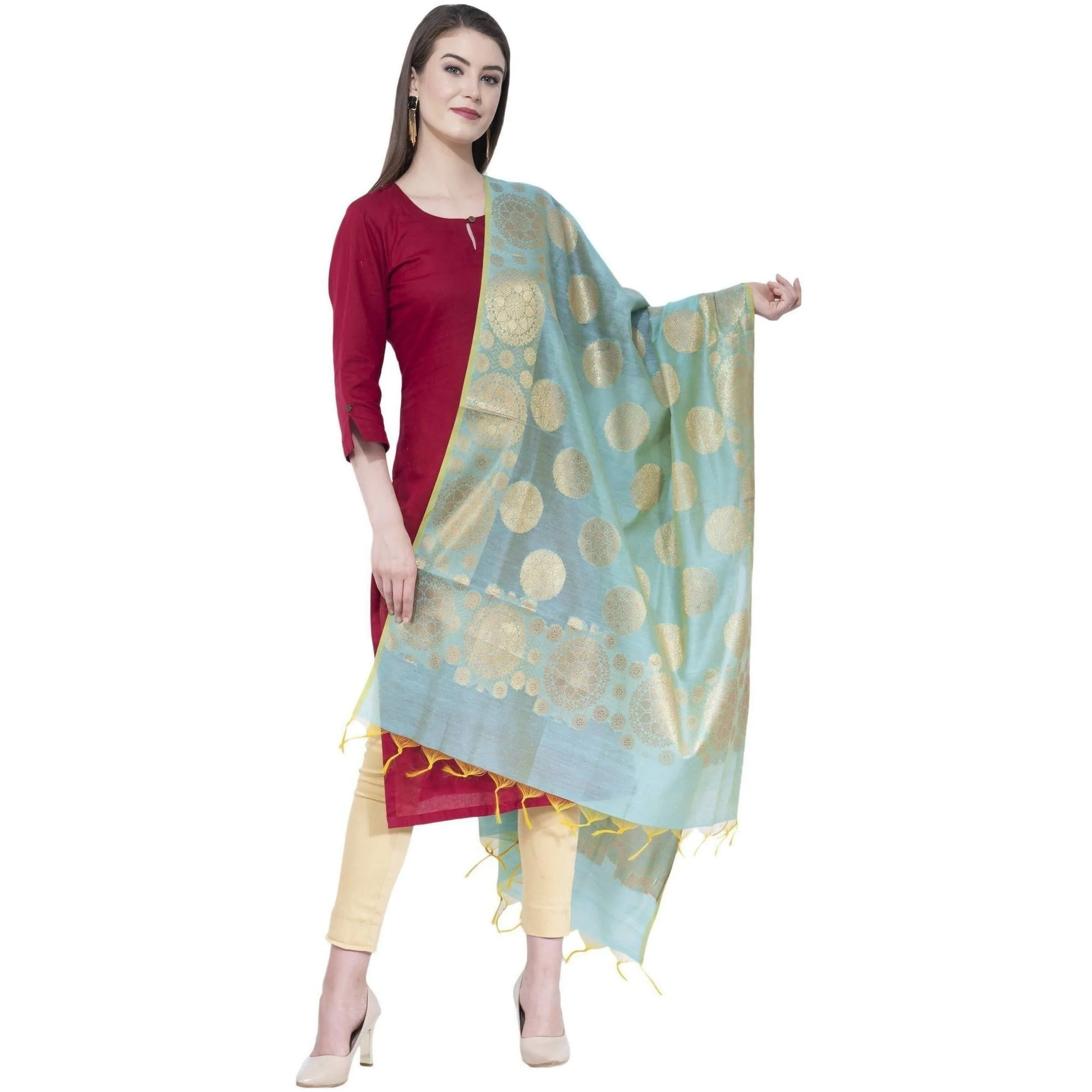 A R Silk Women's Zari Embroidery Chanderi Cotton Firozi Dupattas and Chunnis