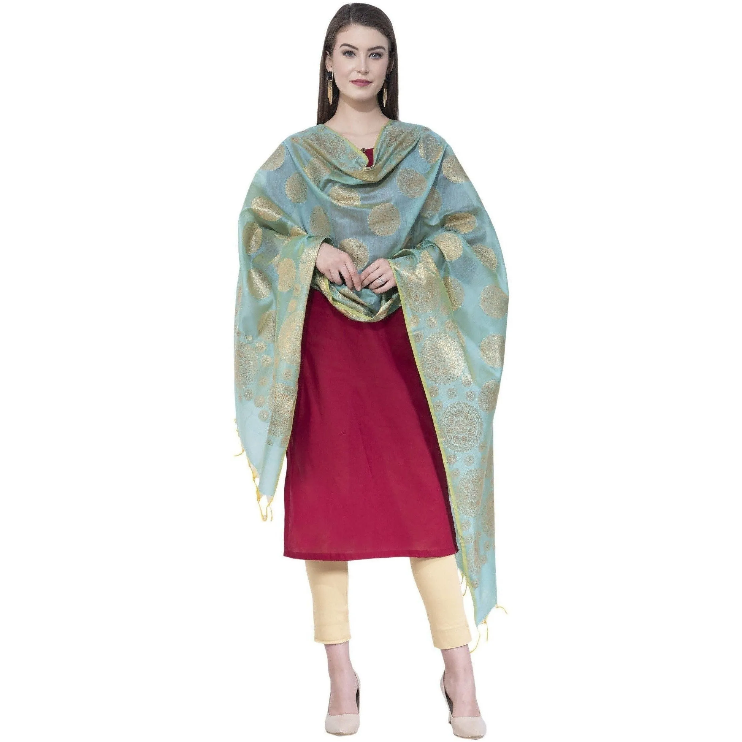 A R Silk Women's Zari Embroidery Chanderi Cotton Firozi Dupattas and Chunnis