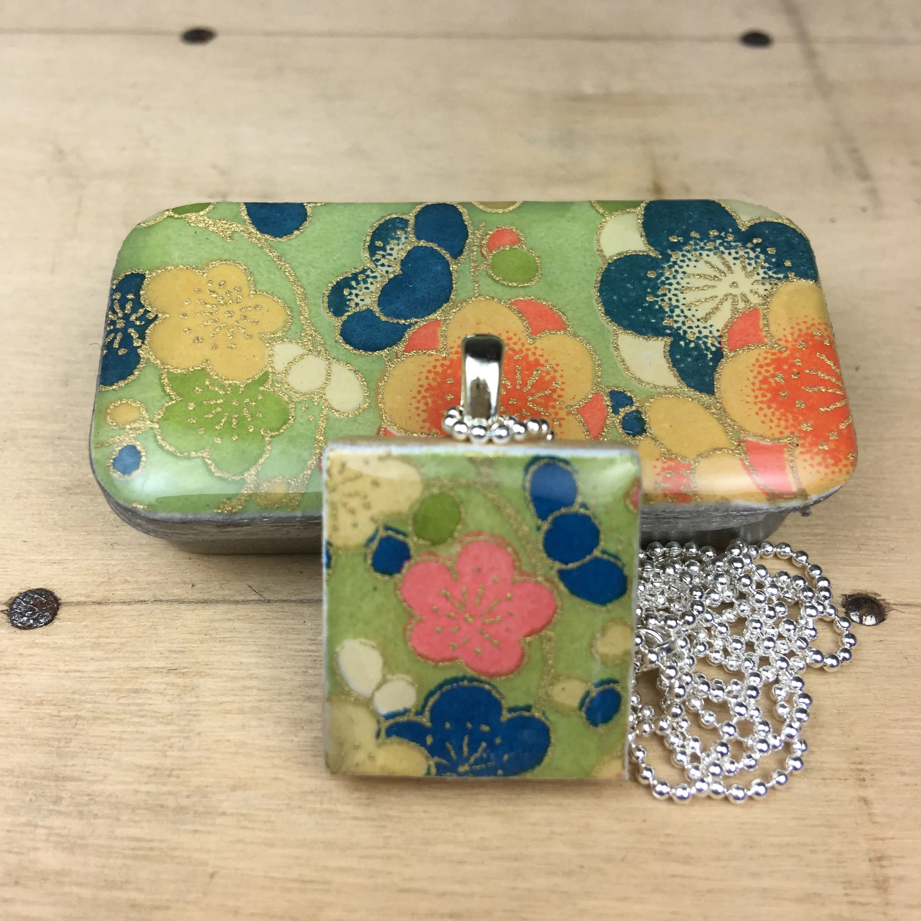 A Scrabble Tile Pendant and Teeny Tiny Tin Posy Green