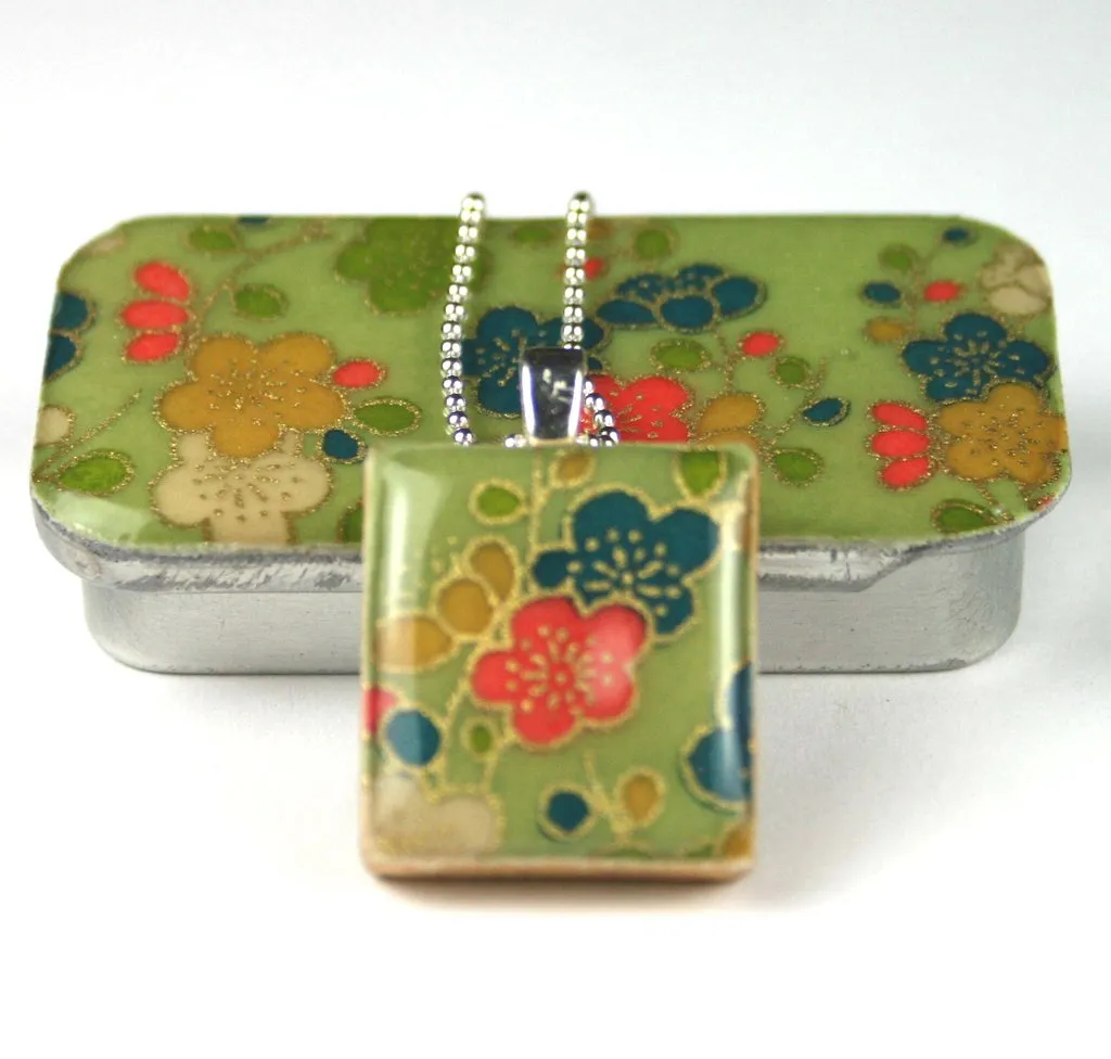 A Scrabble Tile Pendant and Teeny Tiny Tin Posy Green