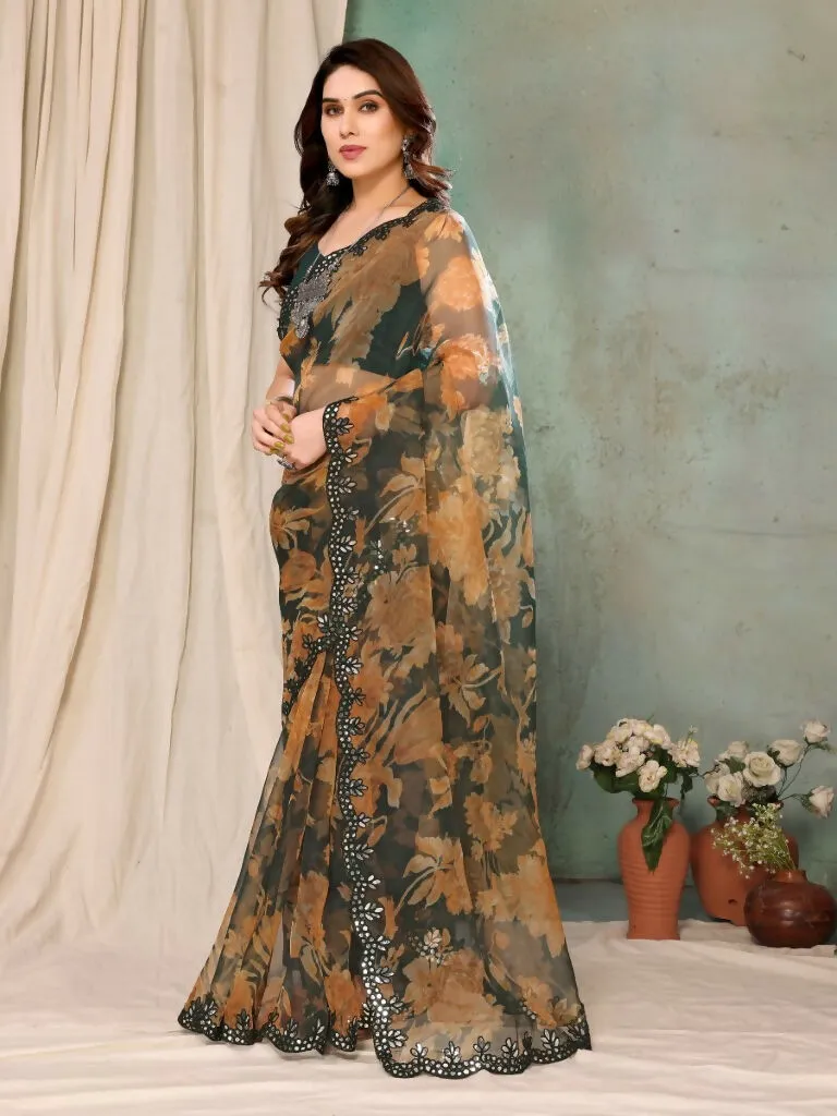 Aafreen Partywear Designer Green Georgette Fancy Saree