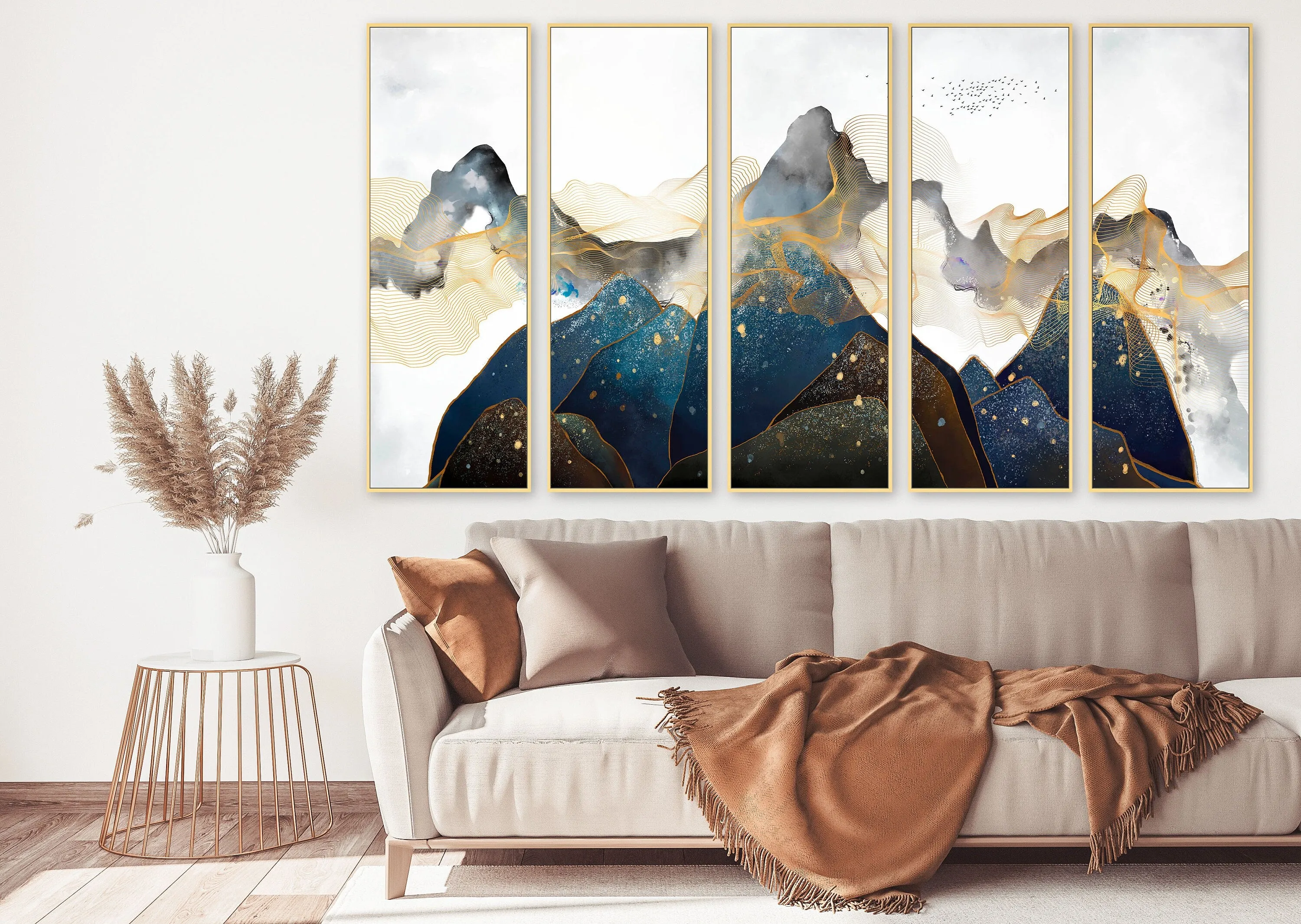 Abstract framed blue mountains canvas wall art, large landscape printable wall art in gold floating frame, set of 3 artworks for home