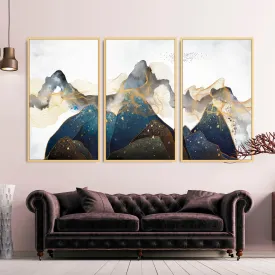 Abstract framed blue mountains canvas wall art, large landscape printable wall art in gold floating frame, set of 3 artworks for home