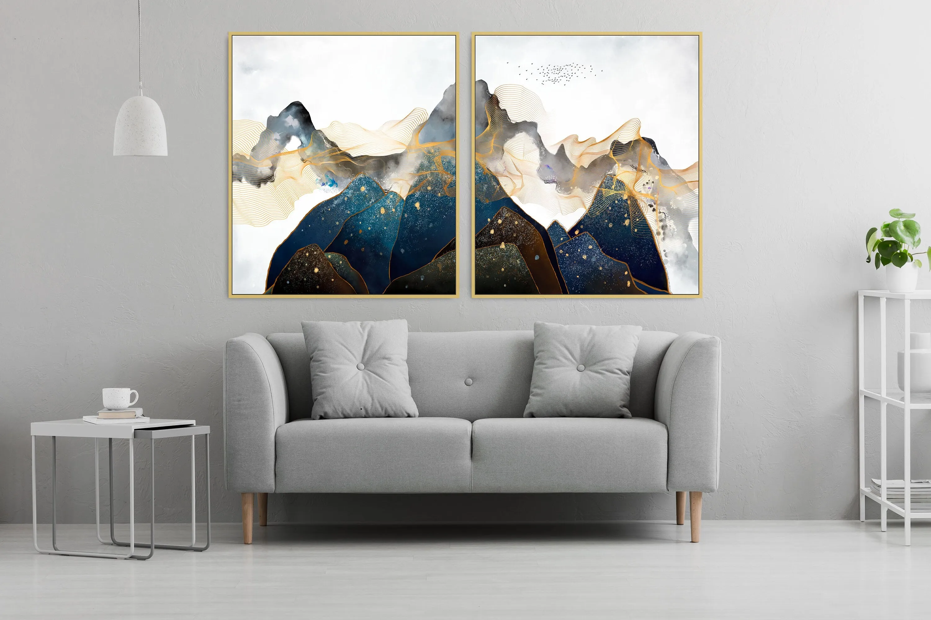 Abstract framed blue mountains canvas wall art, large landscape printable wall art in gold floating frame, set of 3 artworks for home