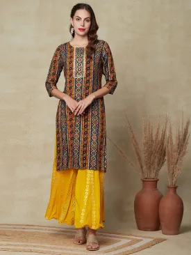 Abstract Multi Printed Mirror Embroidered Gota Lace Work Kurta - Multi