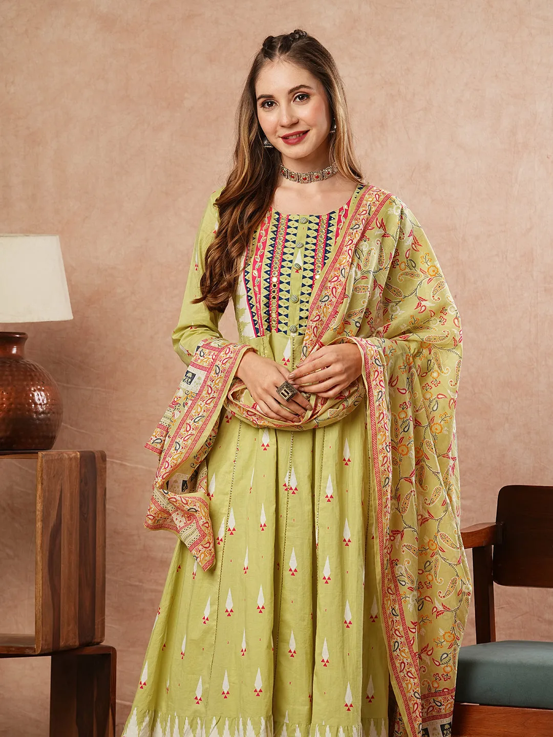 Abstract Printed Mirror & Beads Embroidered Anarkali Kurta with Pants & Dupatta - Green