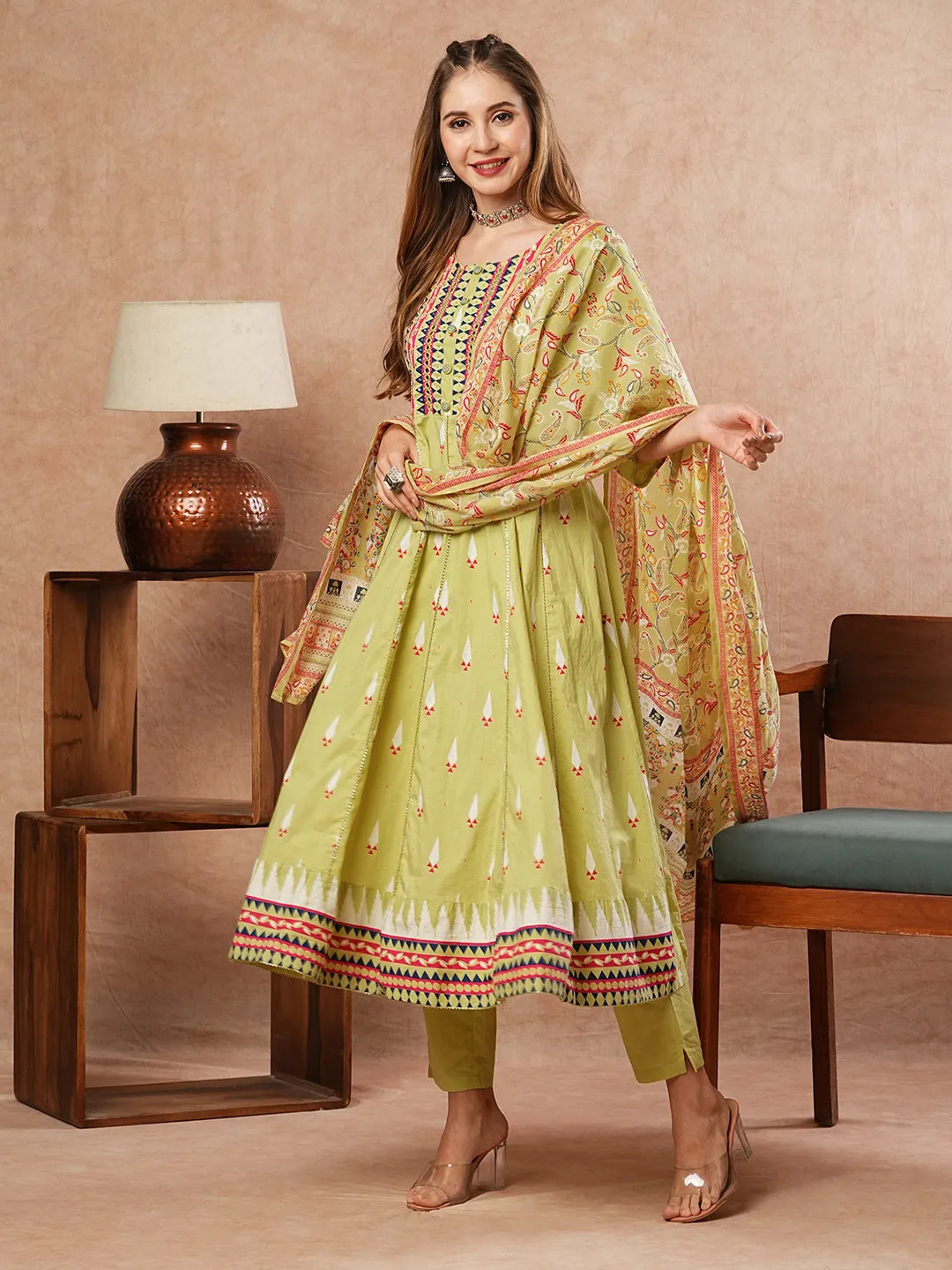 Abstract Printed Mirror & Beads Embroidered Anarkali Kurta with Pants & Dupatta - Green