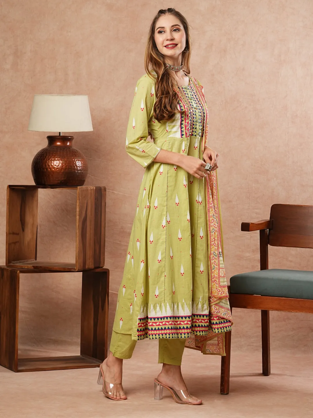 Abstract Printed Mirror & Beads Embroidered Anarkali Kurta with Pants & Dupatta - Green