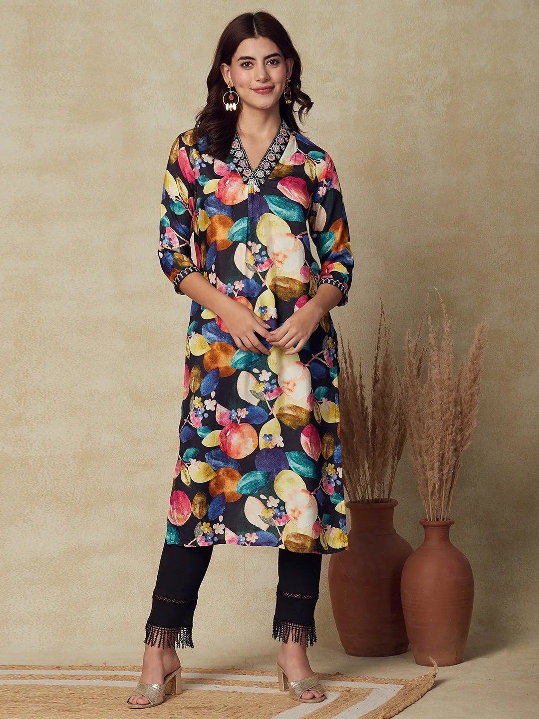 Abstract Printed Mirror, Resham & Sequins Embroidered Kurta - Multi