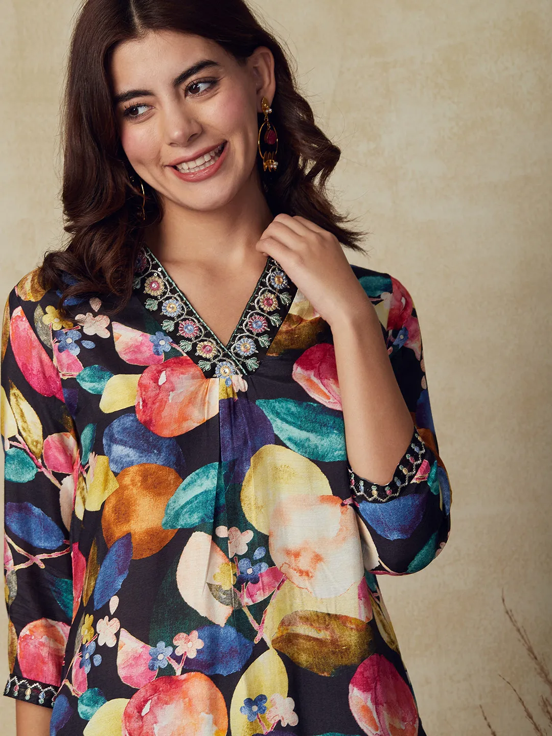 Abstract Printed Mirror, Resham & Sequins Embroidered Kurta - Multi