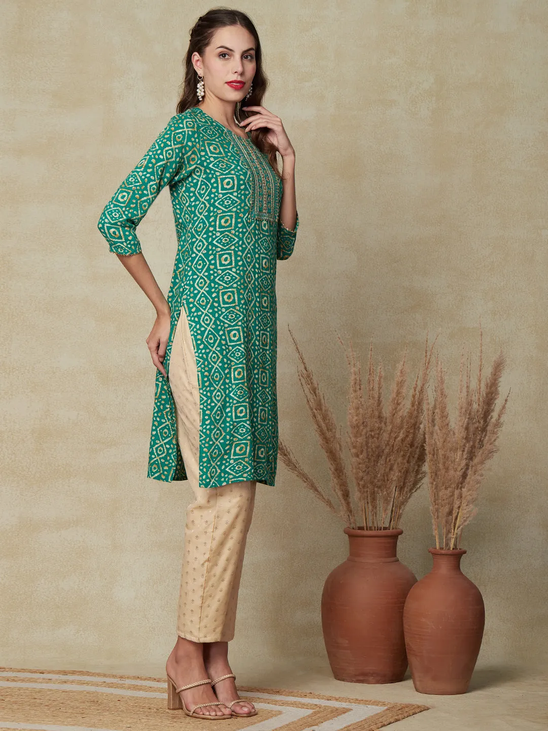 Abstract Printed Mirror, Sequins & Zari Embroidered Kurta - Green