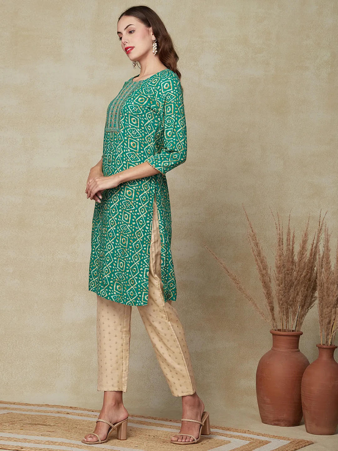 Abstract Printed Mirror, Sequins & Zari Embroidered Kurta - Green