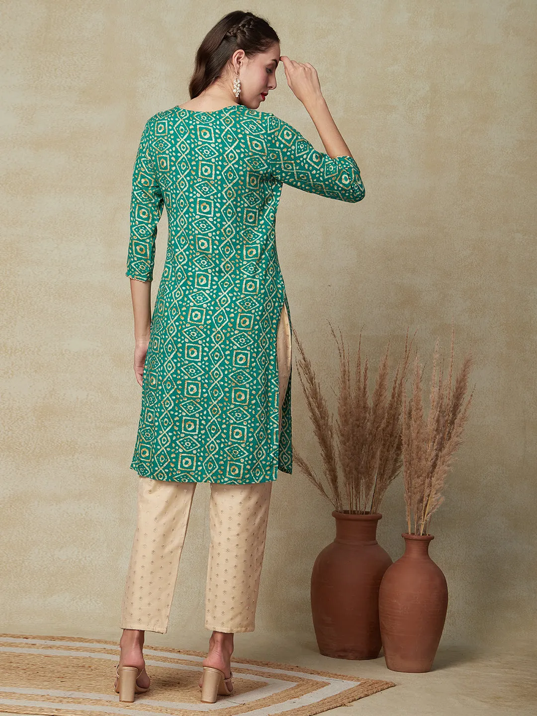 Abstract Printed Mirror, Sequins & Zari Embroidered Kurta - Green