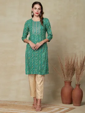 Abstract Printed Mirror, Sequins & Zari Embroidered Kurta - Green