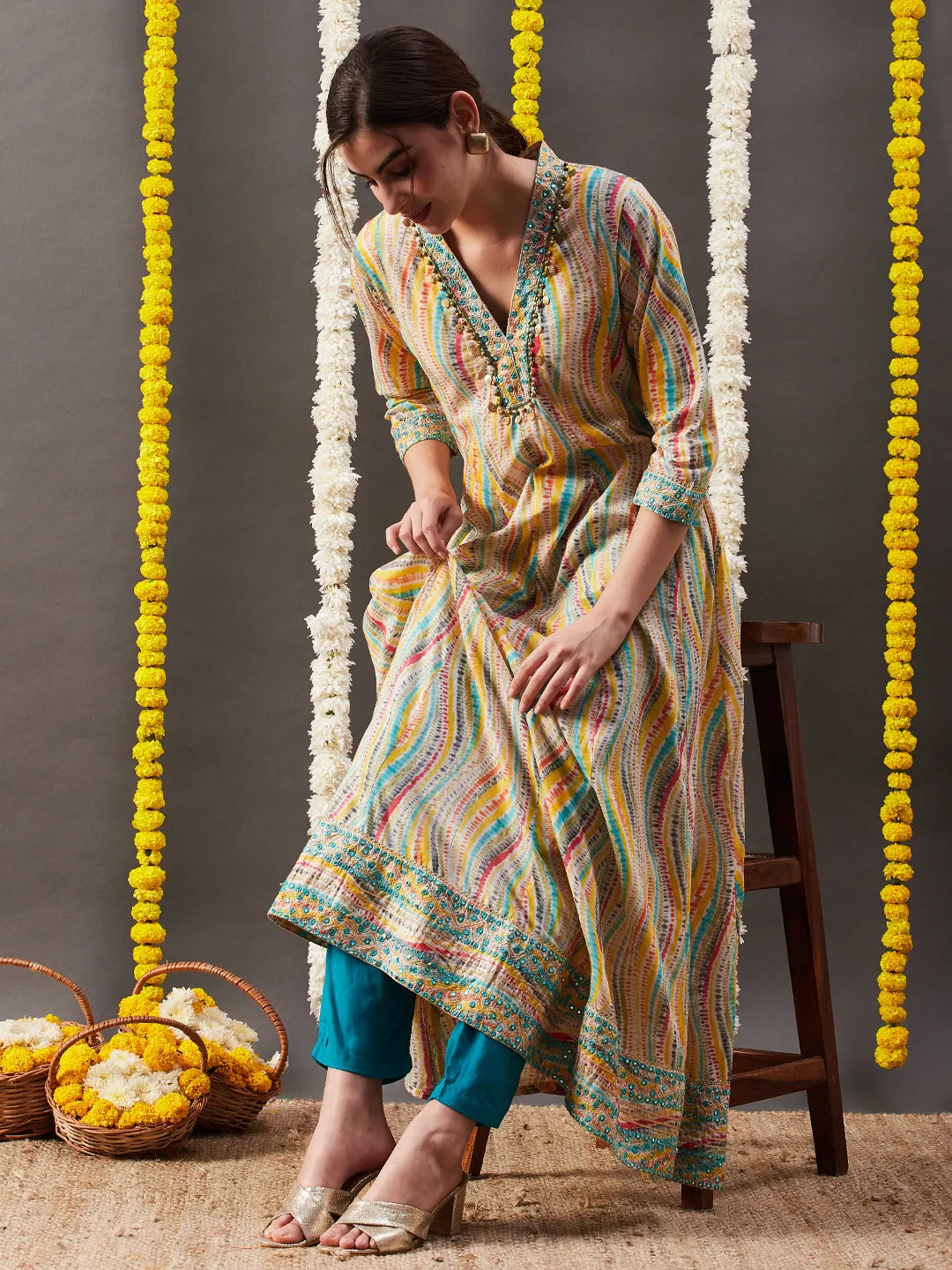 Abstract Printed Mirror, Zari & Coin Tikki Embroidered Mul-Cotton Maxi Dress - Multi & Yellow