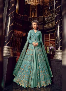 Admirable Sky Blue Soft Net Base Slit Cut Designer Anarkali Suit