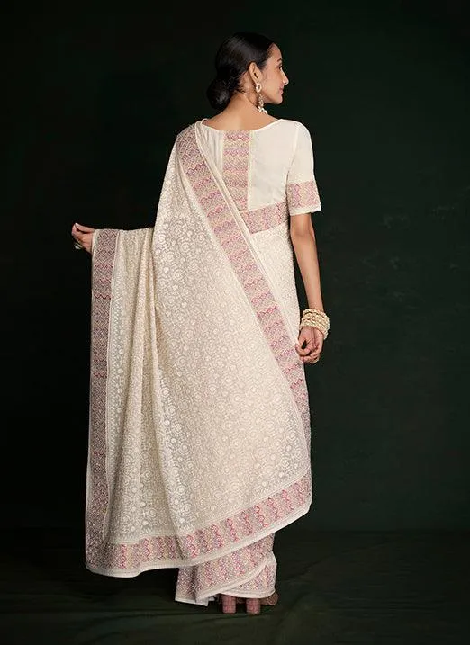 Affectionate White Lucknowi Embroidered Georgette Saree