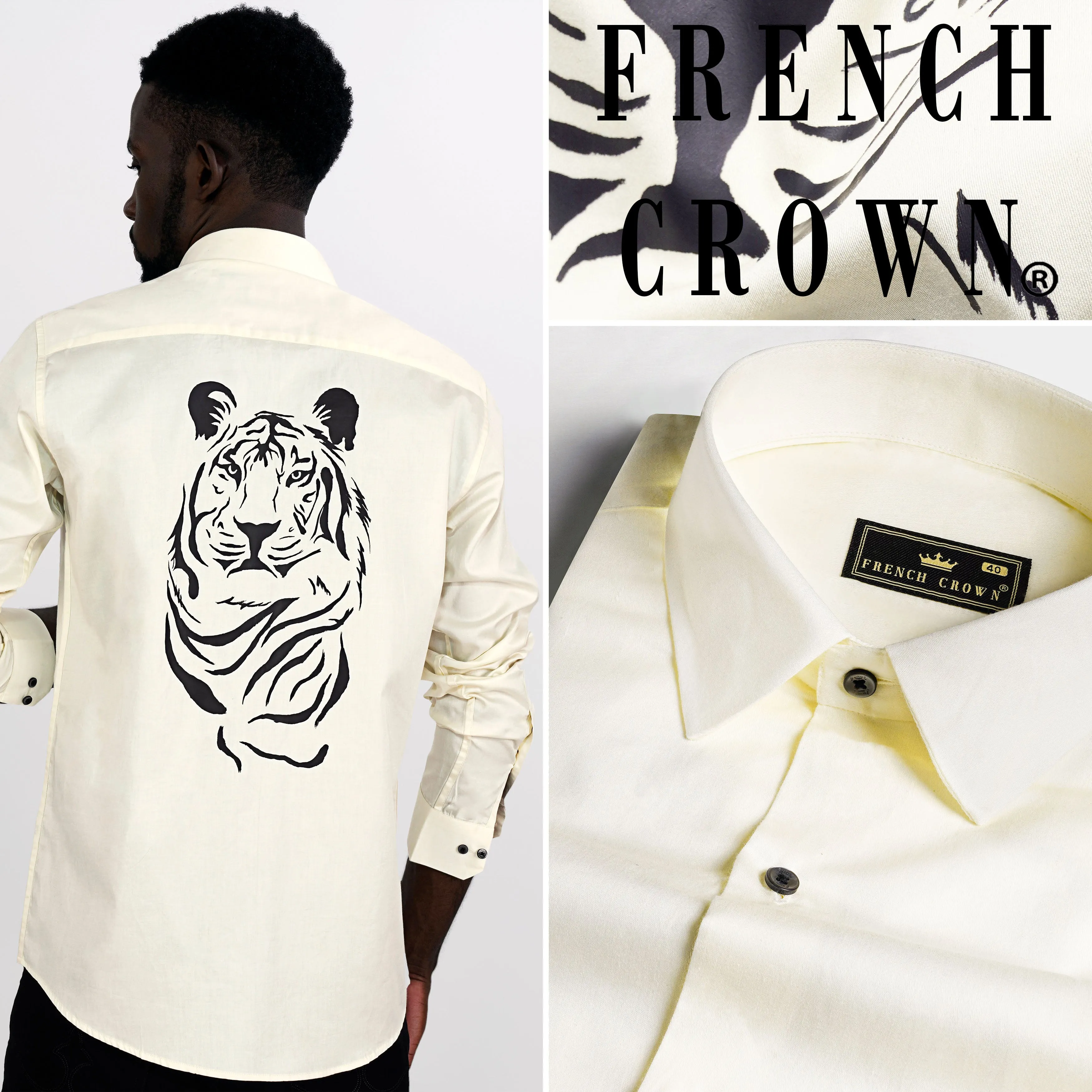 Albescent Cream and Black Tiger Hand Painted Super Soft Premium Cotton Designer Work