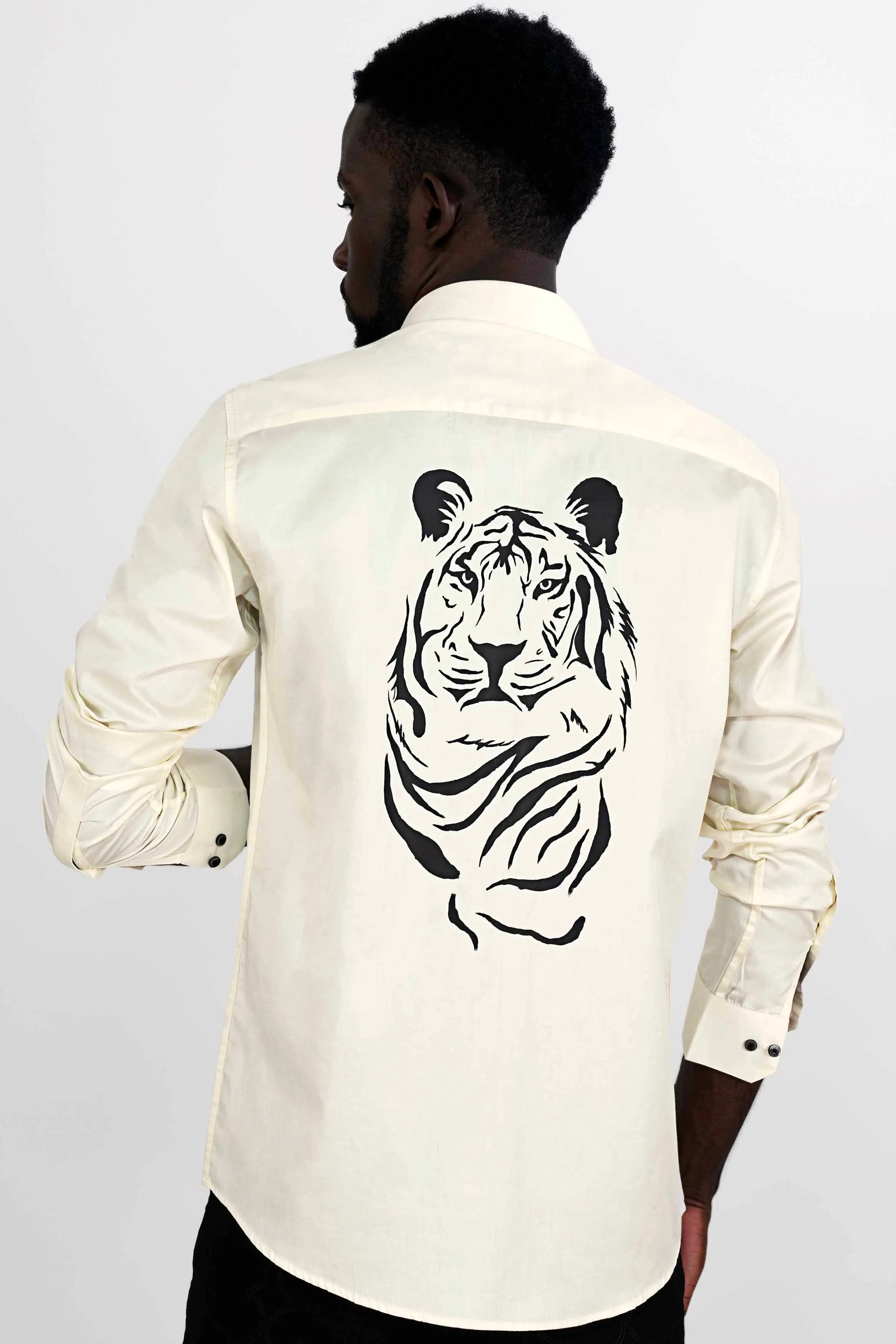 Albescent Cream and Black Tiger Hand Painted Super Soft Premium Cotton Designer Work