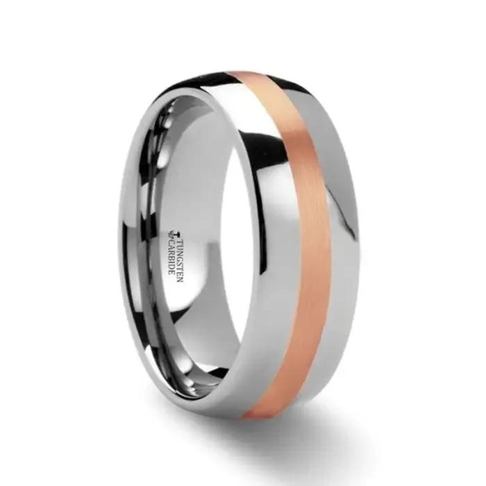 ALPHEUS Rose Gold Inlaid Domed Tungsten Ring - 6mm