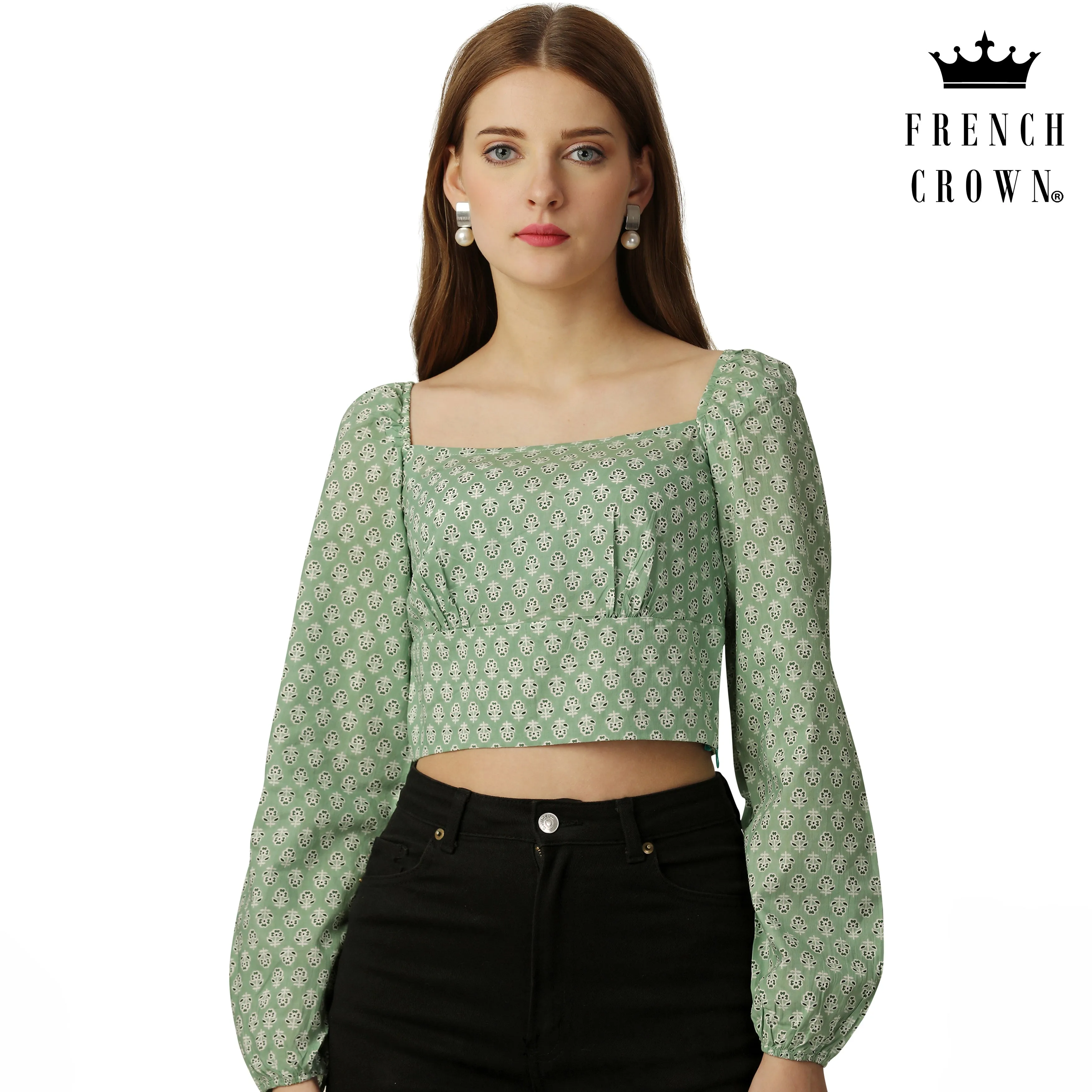 Amulet Green and White Printed Premium Cotton Crop Top