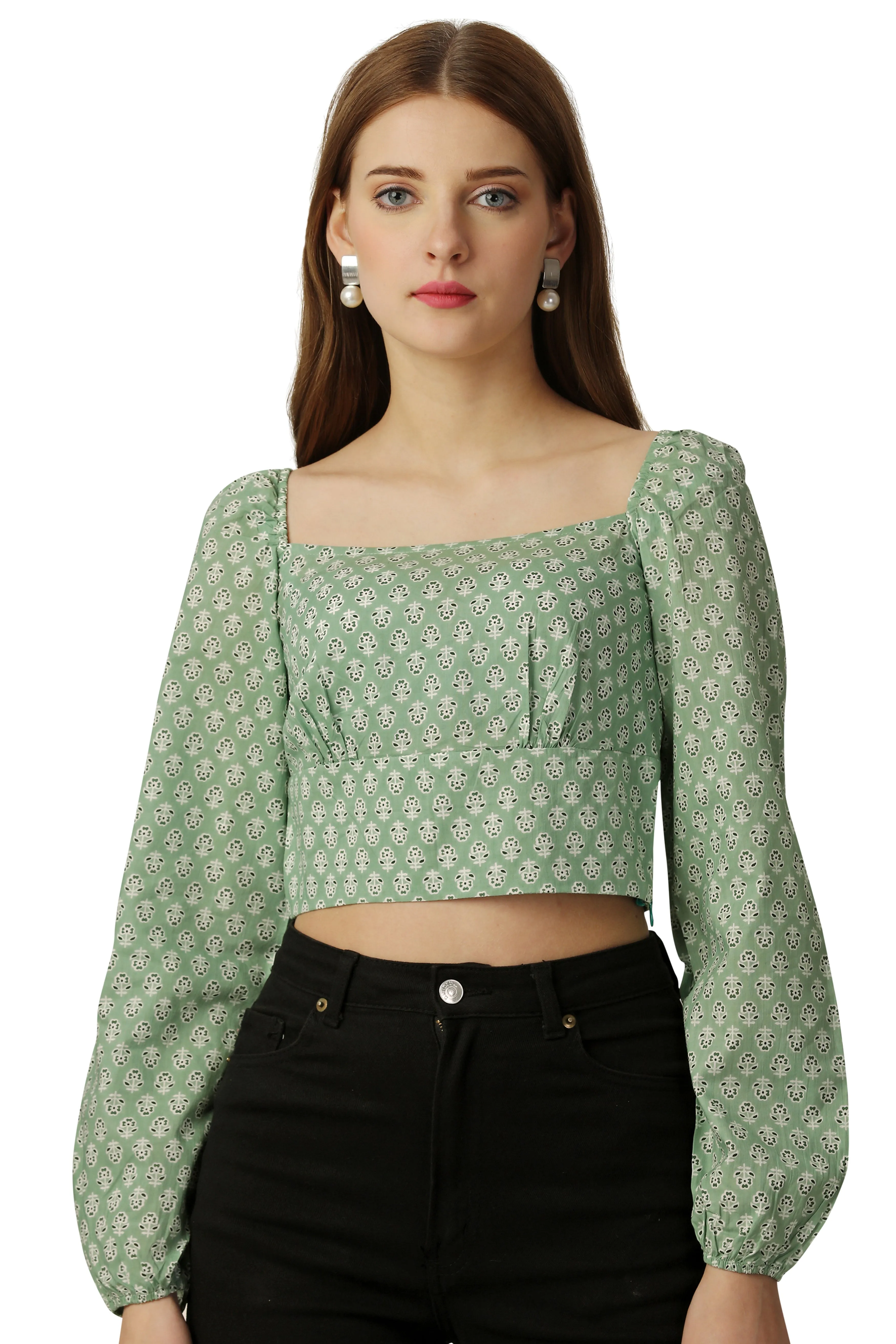 Amulet Green and White Printed Premium Cotton Crop Top