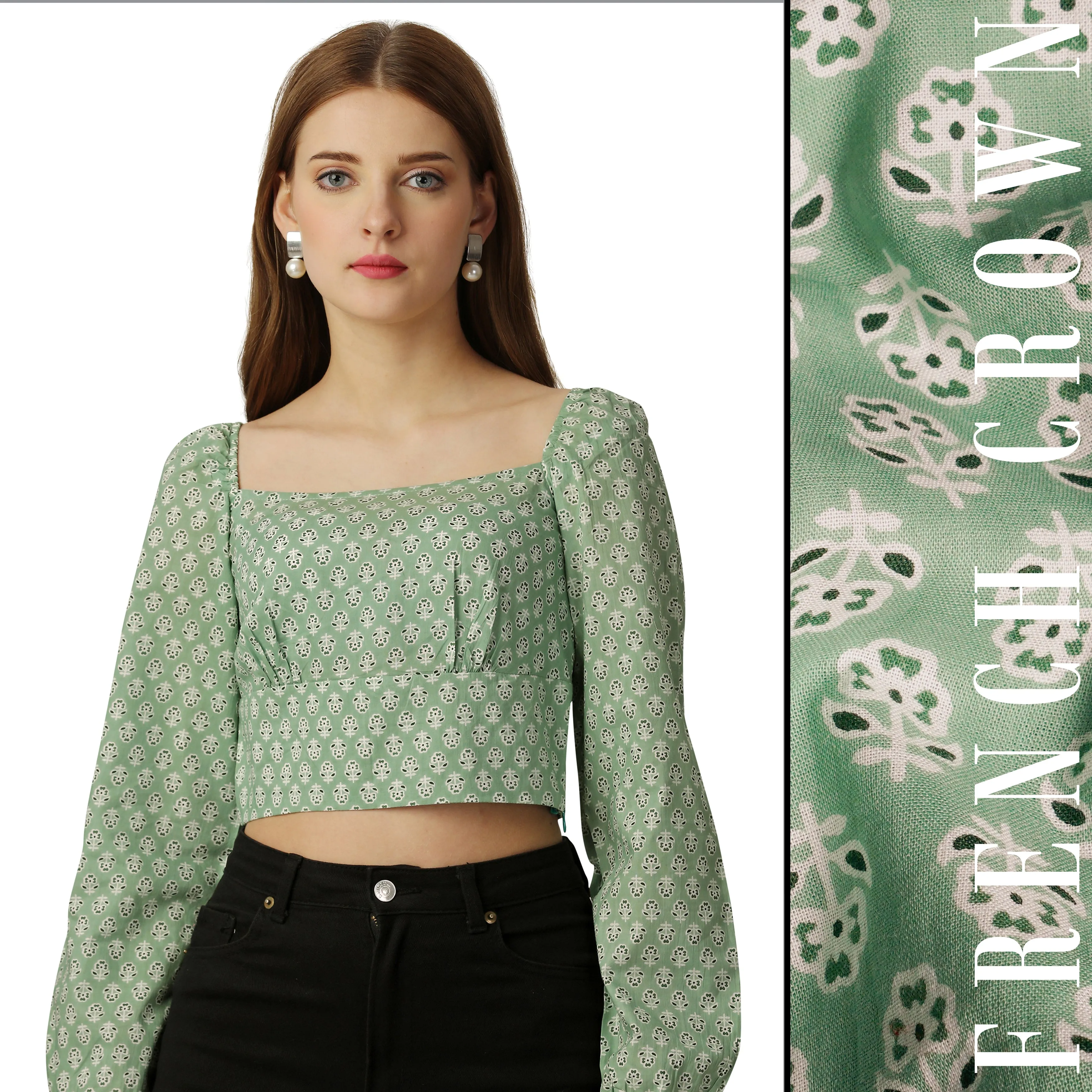 Amulet Green and White Printed Premium Cotton Crop Top