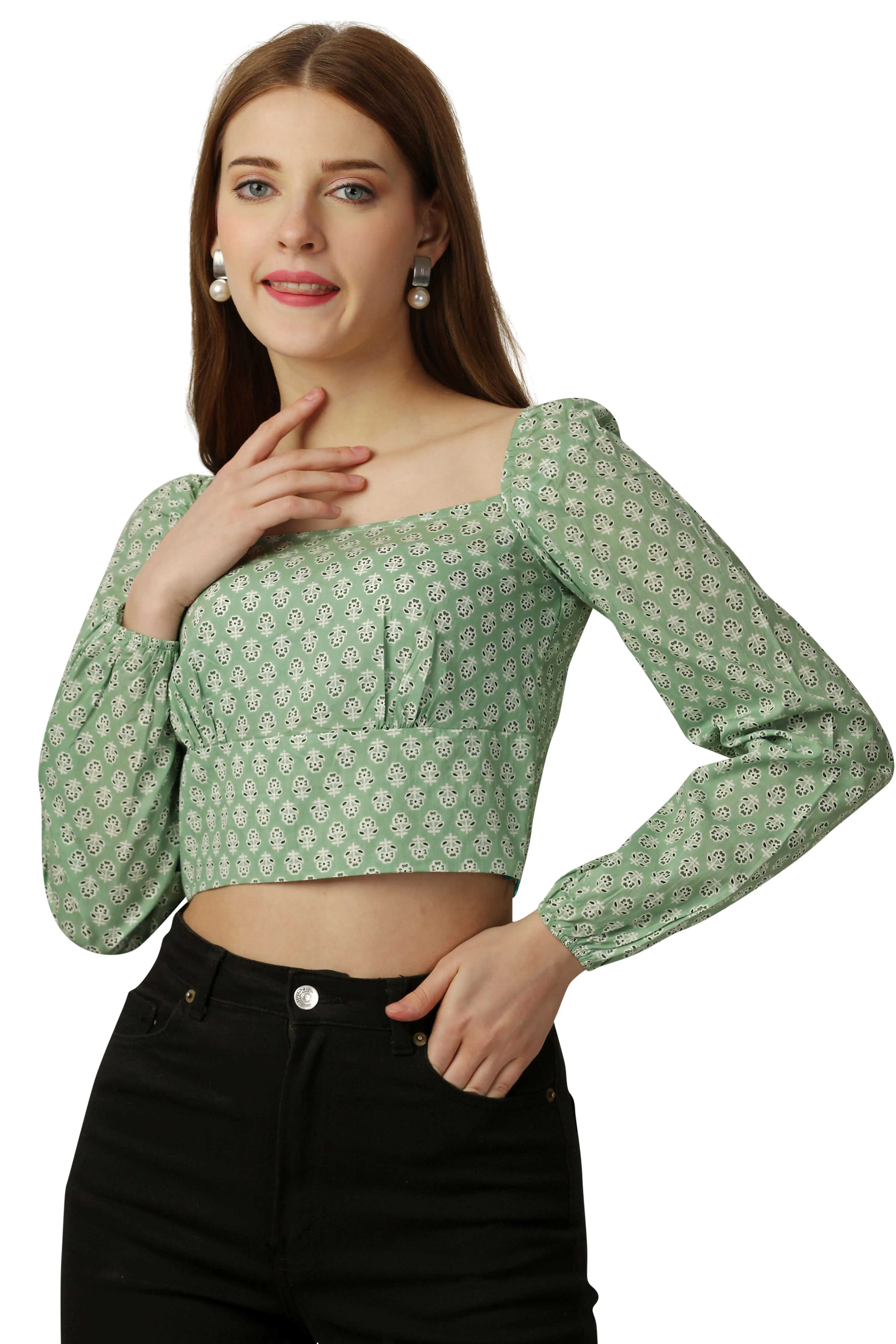 Amulet Green and White Printed Premium Cotton Crop Top