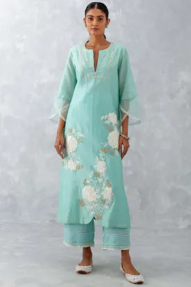 Aqua Blue Embroidered Chanderi Kurta Set