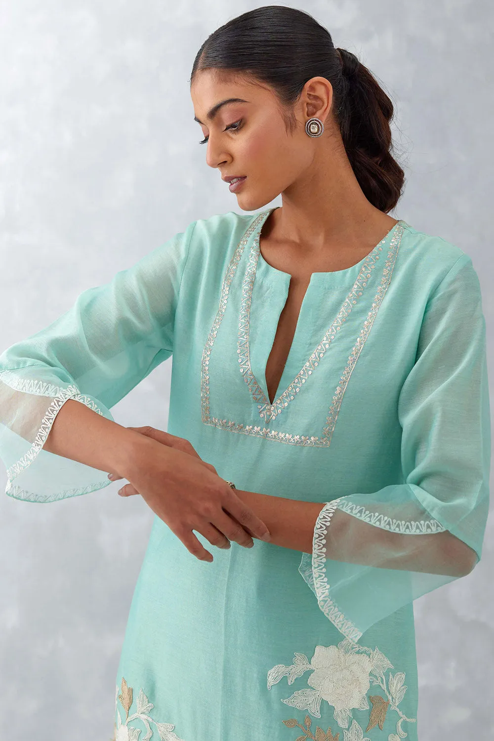 Aqua Blue Embroidered Chanderi Kurta Set