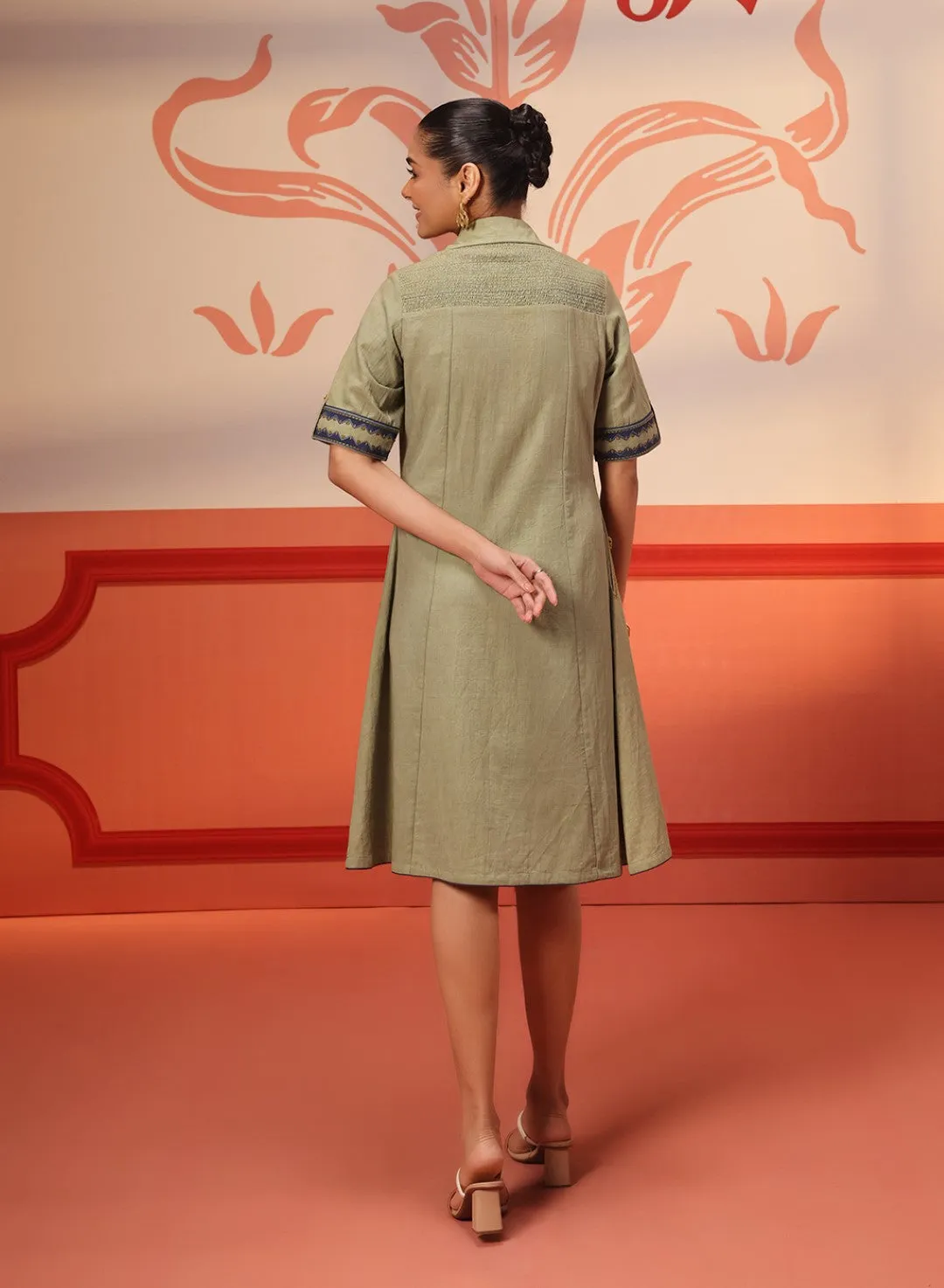 Azia Sage Green Embroidered Cotton Dress For Women