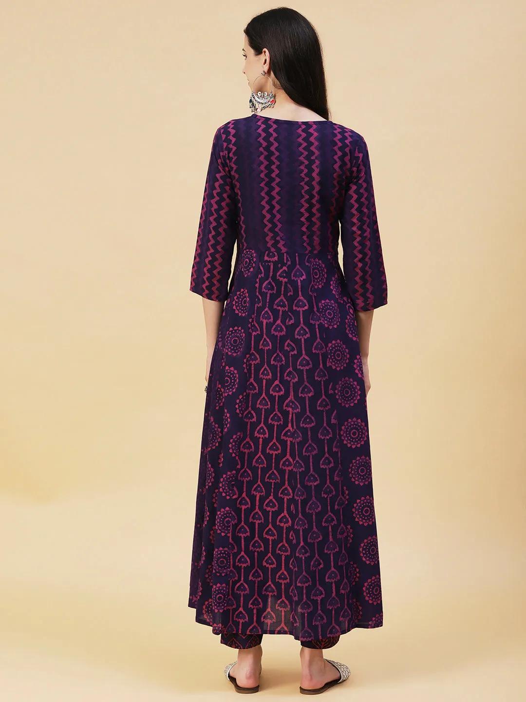 Batik & Block Printed Mirror Embroidered Front Slit Kurta With Pants - Violet