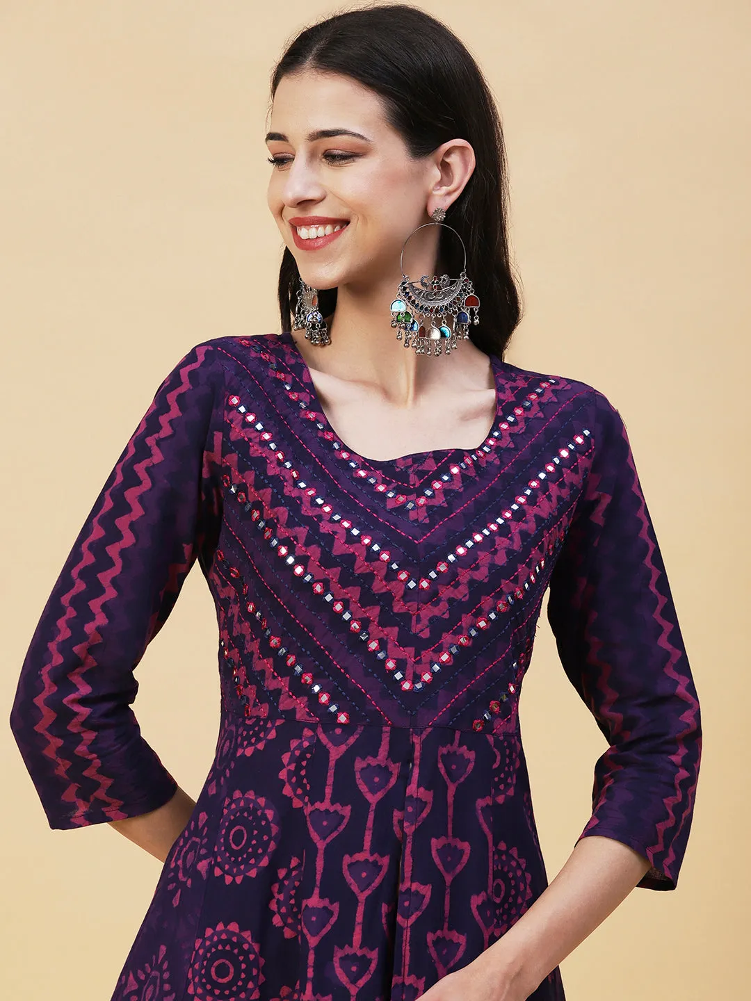 Batik & Block Printed Mirror Embroidered Front Slit Kurta With Pants - Violet