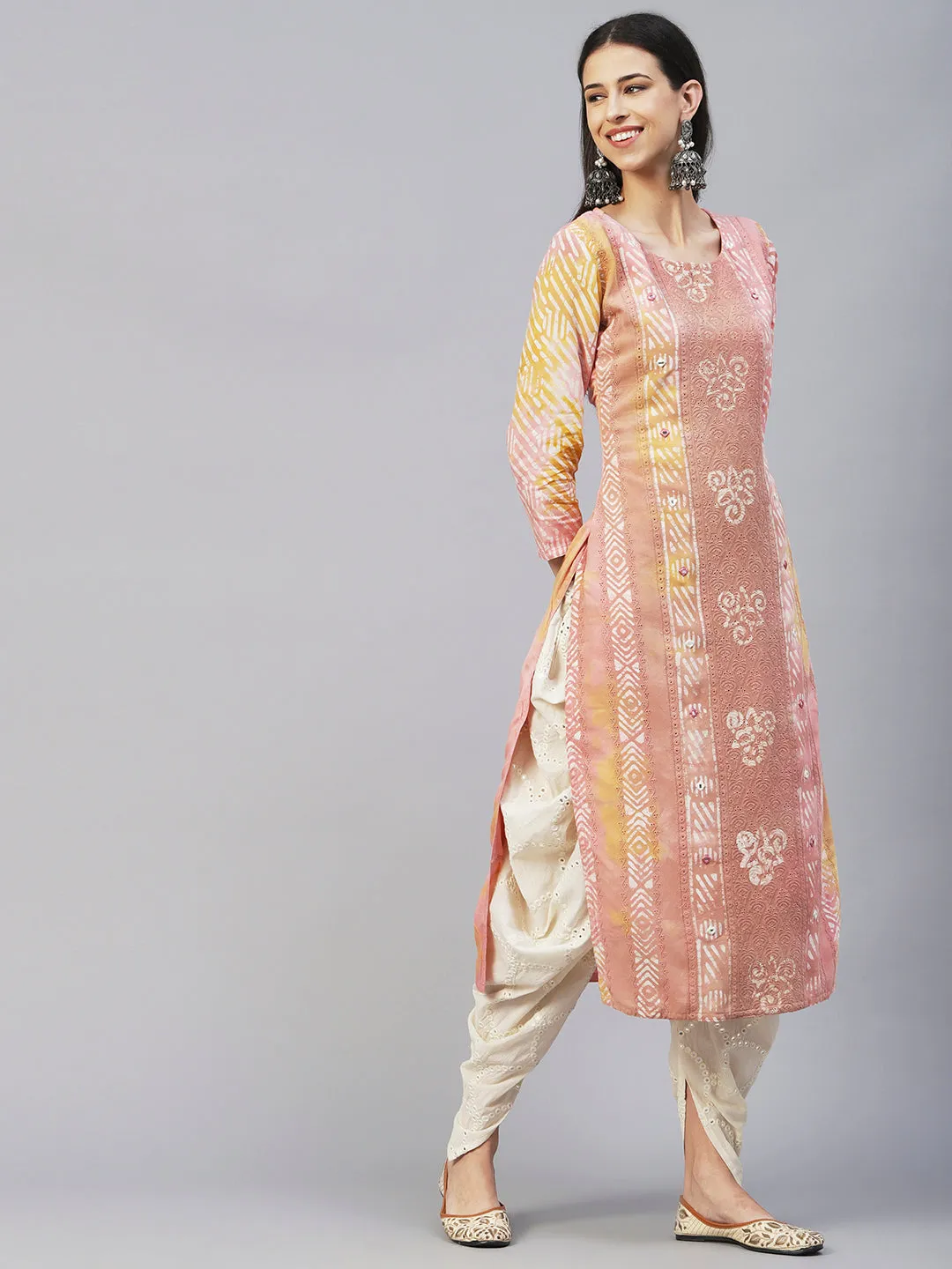 Batik Printed Mirror Embroidered Schiffili Kurta - Peach & Brown