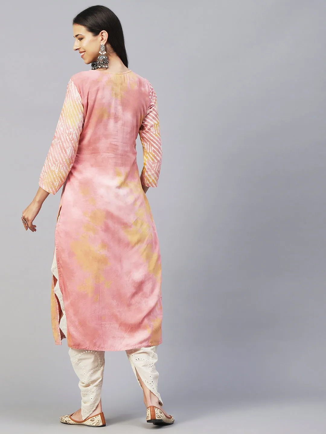 Batik Printed Mirror Embroidered Schiffili Kurta - Peach & Brown